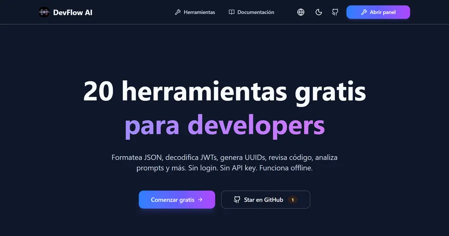 DevFlow AI — 20 herramientas para desarrolladores — captura del proyecto